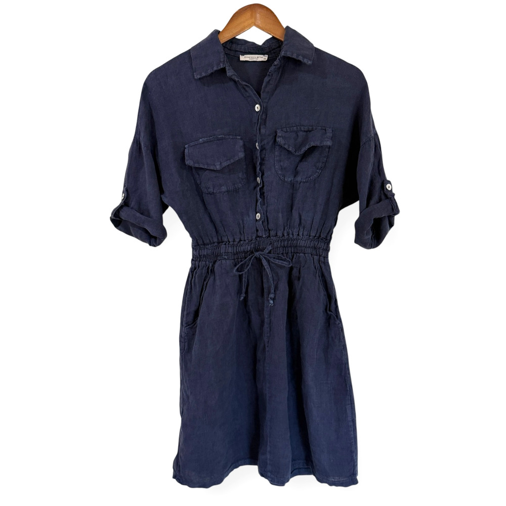 Francesca Bettini Navy Blue Linen Shirt Dress Size XS Made in Italy